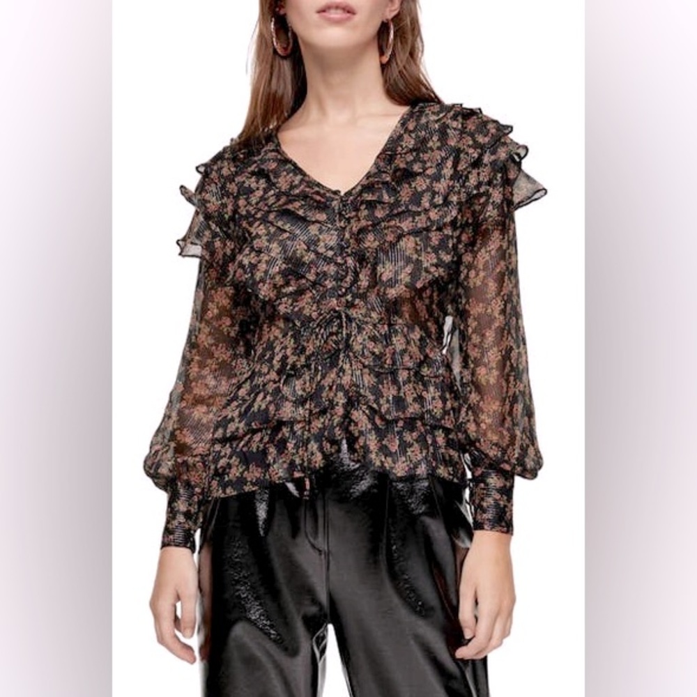 Topshop Black Floral Stripe Button Front Blouse With Lurex & Ruffles Size 6 NWT